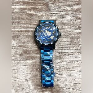 Winner Blue Stainless Steel Skeleton Mechanical Watch Crystal Bezel